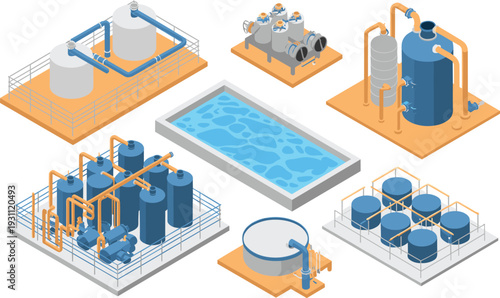 Isometric wastewater treatment plant illustration with filtration tanks, industrial pipelines, reservoirs, pumping systems, and water purification infrastructure layout