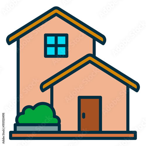 Icon of a two story house in classic style and plants next to it