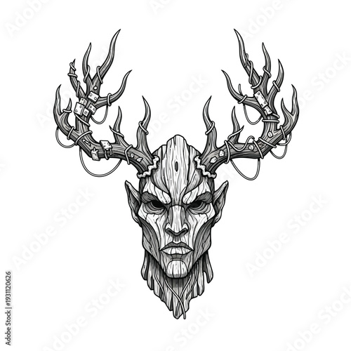 Mystical Forest Spirit Head Illustration with Biomechanical Antlers. Dark Nature Deity Vector Art