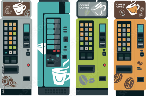 Modern coffee vending machines vector illustration set with automatic hot drink dispensers isolated on white background collection