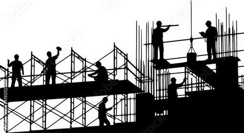 Construction worker silhouettes on scaffolding, industrial building site teamwork, safety labor concept, architecture engineering vector illustration isolated on white background