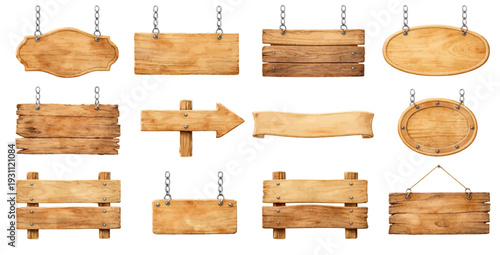 A charming watercolor collection of wooden signboards, including hanging plaques, arrows, rustic panels, and blank banners.