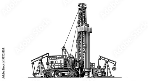 Vintage style black and white oil drilling rig illustration.