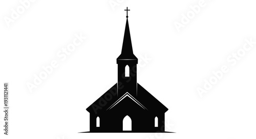 Silhouette of a church building with a tall steeple and cross on top.