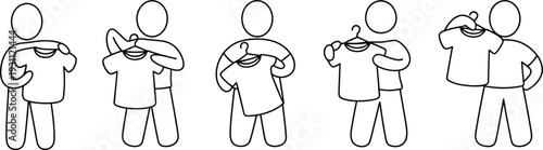 Vector illustration of cartoon figures showing step-by-step process of putting on T-shirt, dressing sequence icons for clothing, fashion, and education.