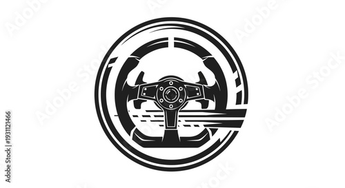 Stylized Racing Steering Wheel Emblem in Black and White.