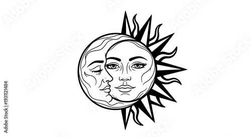 Celestial harmony of sun and moon faces a cosmic embrace of light and shadow.