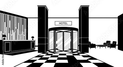 Hotel Entrance with Revolving Door and Check In Desk.