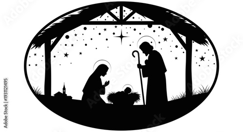 Nativity Scene Silhouette: Mary, Joseph, and Baby Jesus Under the Starry Sky