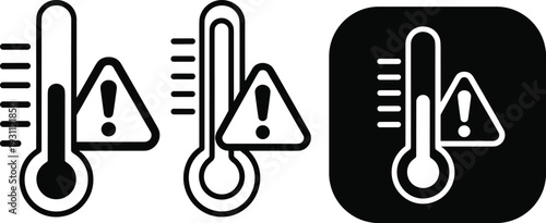 Vector illustration of high temperature warning icons with thermometer and exclamation triangle, showing heat alert, safety hazard, and environmental monitoring.