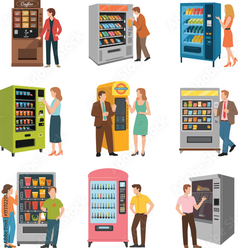 People buying snacks and drinks from vending machines vector illustration set with coffee dispensers isolated on white background