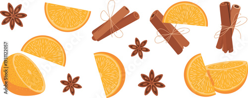 Orange slices cinnamon sticks and star anise illustration, festive winter spice ingredients vector set isolated on white background