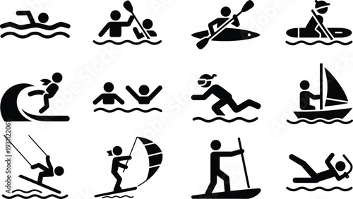 Water sports icons set with swimming kayaking surfing sailing windsurfing diving paddleboarding vector illustration collection isolated aquatic activity design pack
