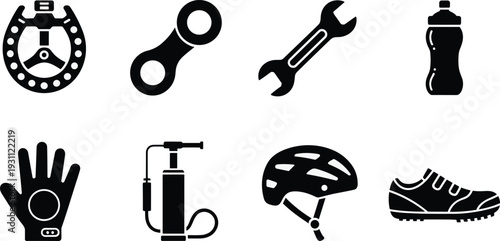 Set of cycling equipment icons including helmet pump gloves wrench bottle chainring shoe and steering wheel vector illustration isolated on white background