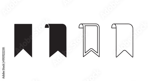 Black and White Bookmark Icon Set, 4 Minimal Ribbon Styles - Geometric, Solid Silhouette, Thin Outline, Rounded Design