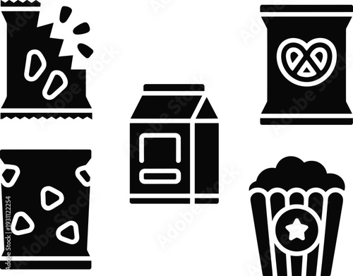 Snack food packaging icons set with chips popcorn pretzel milk carton candy bags vector illustration collection isolated fast food design pack