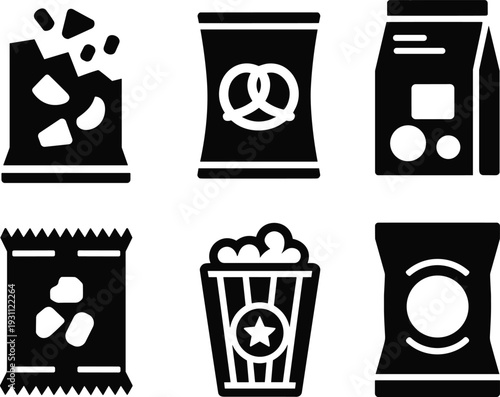 Snack food packaging icons set with chips popcorn pretzel milk carton candy wrapper vector illustration collection isolated fast food design pack