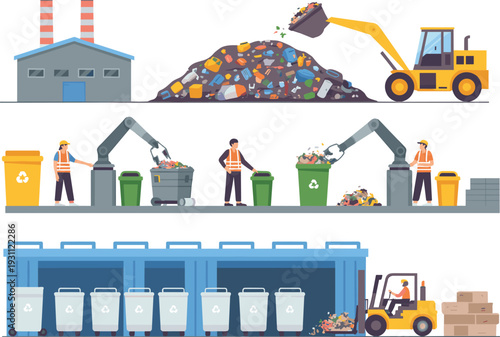 Waste management and recycling plant vector illustration with garbage sorting, landfill operations and industrial sanitation process scene
