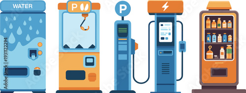 Water dispenser, claw arcade machine, parking meter, electric car charger and medicine vending machine vector illustration set