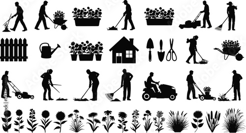 Gardening and landscaping silhouettes collection with gardeners, tools, plants and lawn care activities vector illustration set