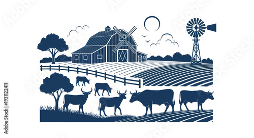 Rustic Farm Landscape with Barn, Cattle, and Windmill