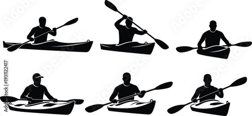 Kayaking silhouettes collection featuring paddlers in action poses, outdoor water sport vector illustration isolated design