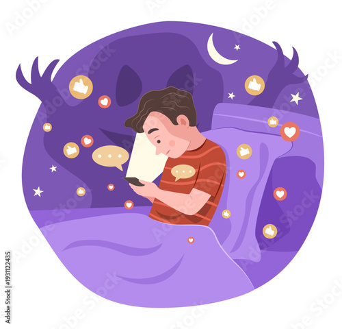 Boy Kid Watching Social Media Content and Chatting on Smartphone Before Sleep at Night for Social Media Addiction and FOMO Concept Illustration