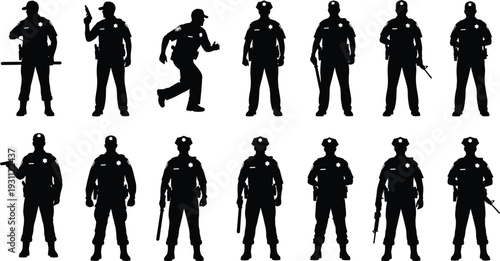 Police Officer Silhouette Collection Featuring Law Enforcement Figures with Weapons and Uniforms Vector Illustration Set
