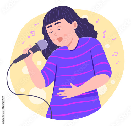 Happy Cheerful Singer Girl Sing a Song with Microphone for Leisure, Hobby and Entertainment Lifestyle Concept Illustration Clip Art