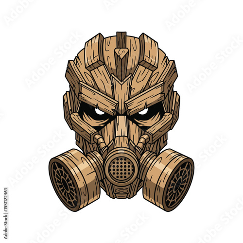Wooden Gas Mask Illustration with Rustic Planks and Intense Eyes, Dystopian Survival Concept