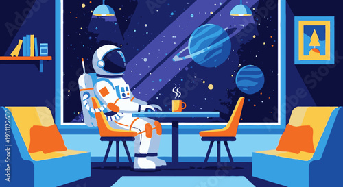 Astronaut Sitting in Space Station Lounge.