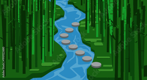 Bamboo Forest River with Stones Illustration.