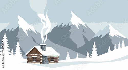 Cabin in Snowy Mountains with Smoke.