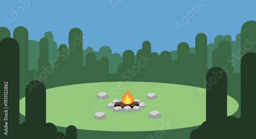 Campfire Surrounded by People in Clearing.