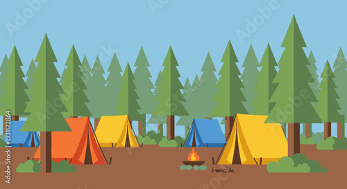Camping Tents in Forest Clearing Scene.
