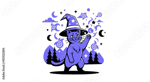Cartoon Cat in Witch Hat Magic.