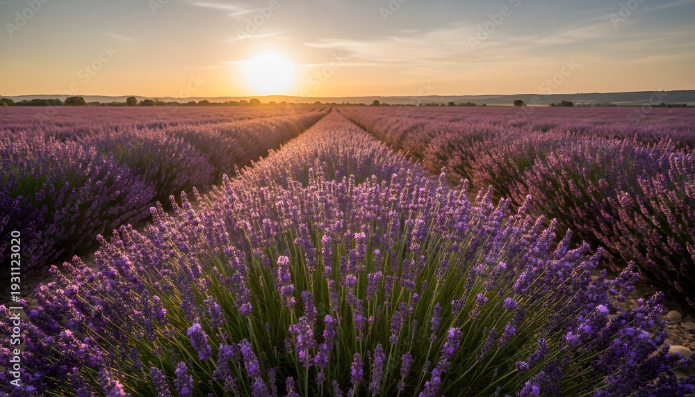 Obraz premium Vibrant lavender field blooming under a golden sunset, spanning a vast rural landscape for natural beauty and tranquility concept, perfect for seasonal flower bloom themes