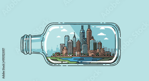 Cityscape Inside Glass Bottle Illustration.