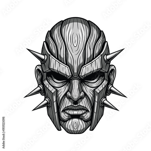 Fierce Spiked Tribal Warrior Mask Illustration - Monochromatic Vector Art