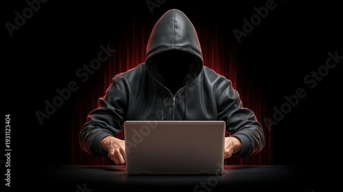 Hooded evil hacker operating laptop,data leak alerts,dark background,Network security,copy space.