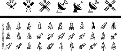 Rocket Launch Icons and Satellite Communication Symbols Vector Set in Minimal Line Style Isolated on White Background