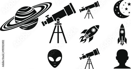 Astronomy and Space Silhouette Icon Set with Rocket Telescope Saturn Planet Moon Alien and Cosmic Exploration Symbols Vector Illustration