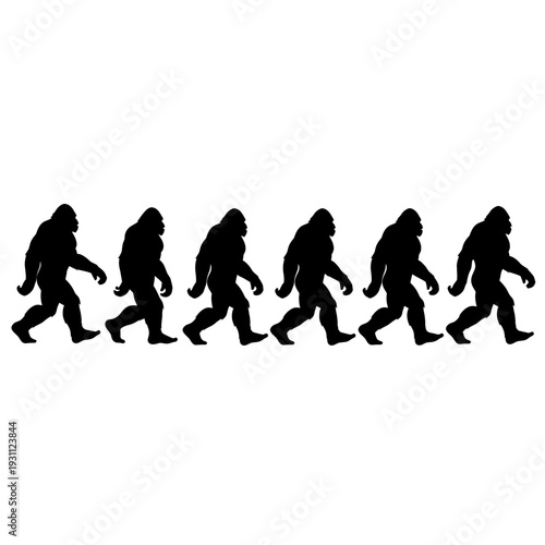 Bigfoot Silhouette Row Walking Isolated White Background