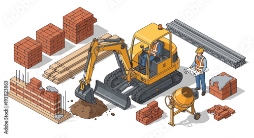 Construction Site Isometric Illustration: Excavator, Worker, Materials, and Tools
