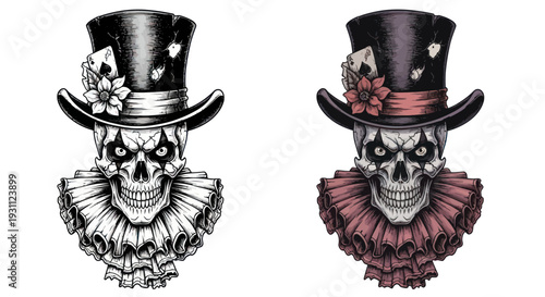 Macabre Clown Skull with Top Hat and Ruffled Collar