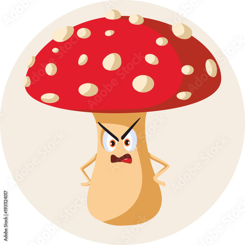 Angry Poisonous Mushroom Mascot Vector Design. Toxic food character with warning red with white dots characteristics 

