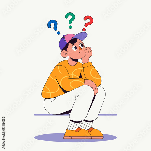 A young person sitting and contemplating with colorful question marks floating above their head, symbolizing curiosity and thoughtful consideration