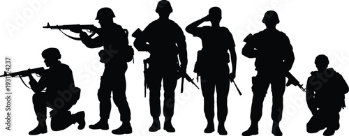 Military army soldier silhouettes standing kneeling and saluting with rifles, tactical combat infantry action vector illustration set