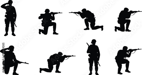 Military army soldier silhouettes in combat action poses with rifles, tactical infantry kneeling aiming saluting vector illustration collection