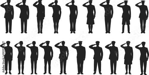 Military men and women silhouettes saluting in uniform, army and police officers standing in respect pose vector illustration isolated on white background